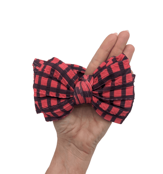 Red and Black Gingham Larger Bow Cable Knit Headwrap - Betty Brown Boutique Ltd