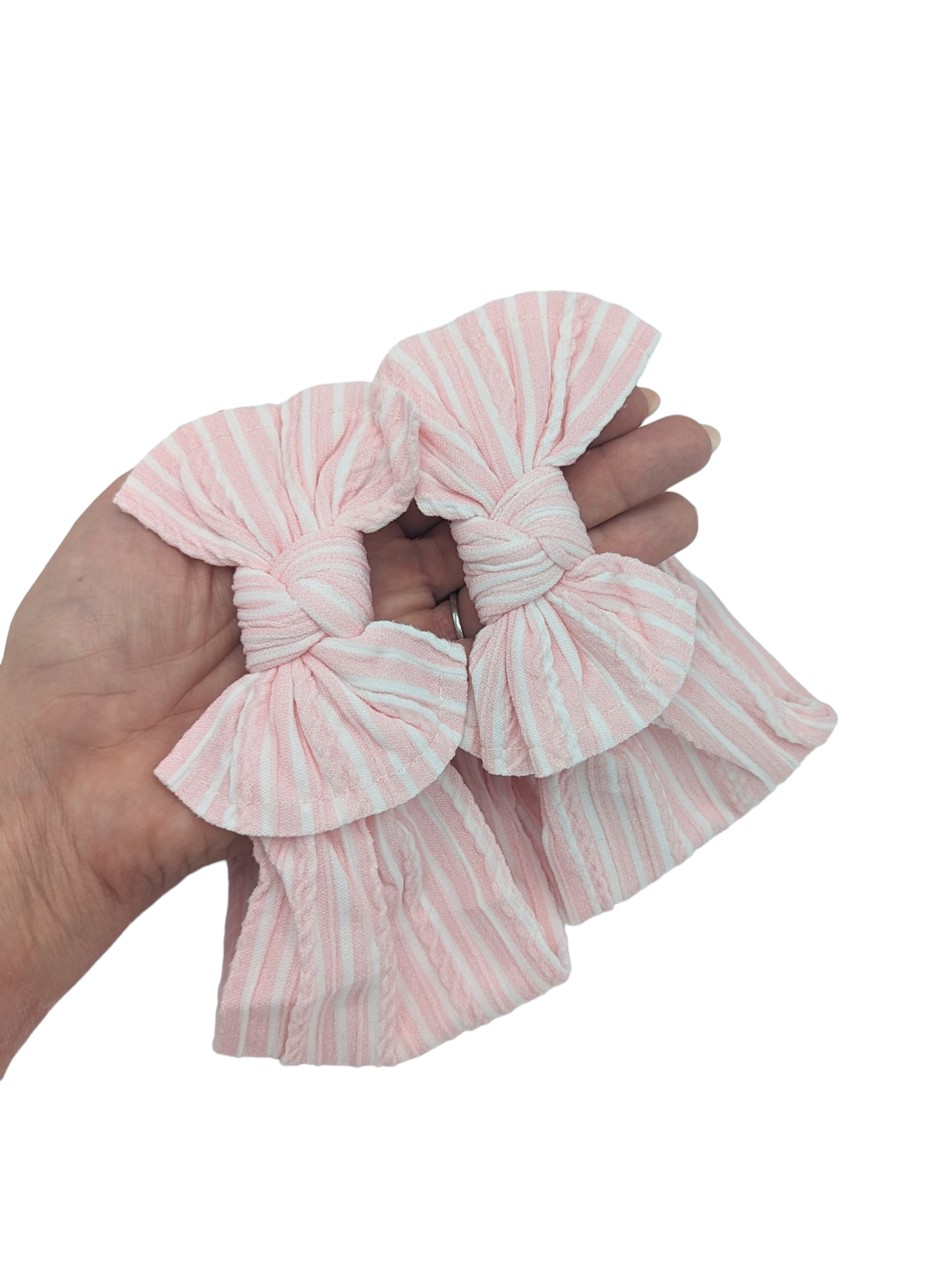 Mummy and Me Matching Pink and White Pinstripe Cable Knit Bow Headwraps - Betty Brown Boutique Ltd