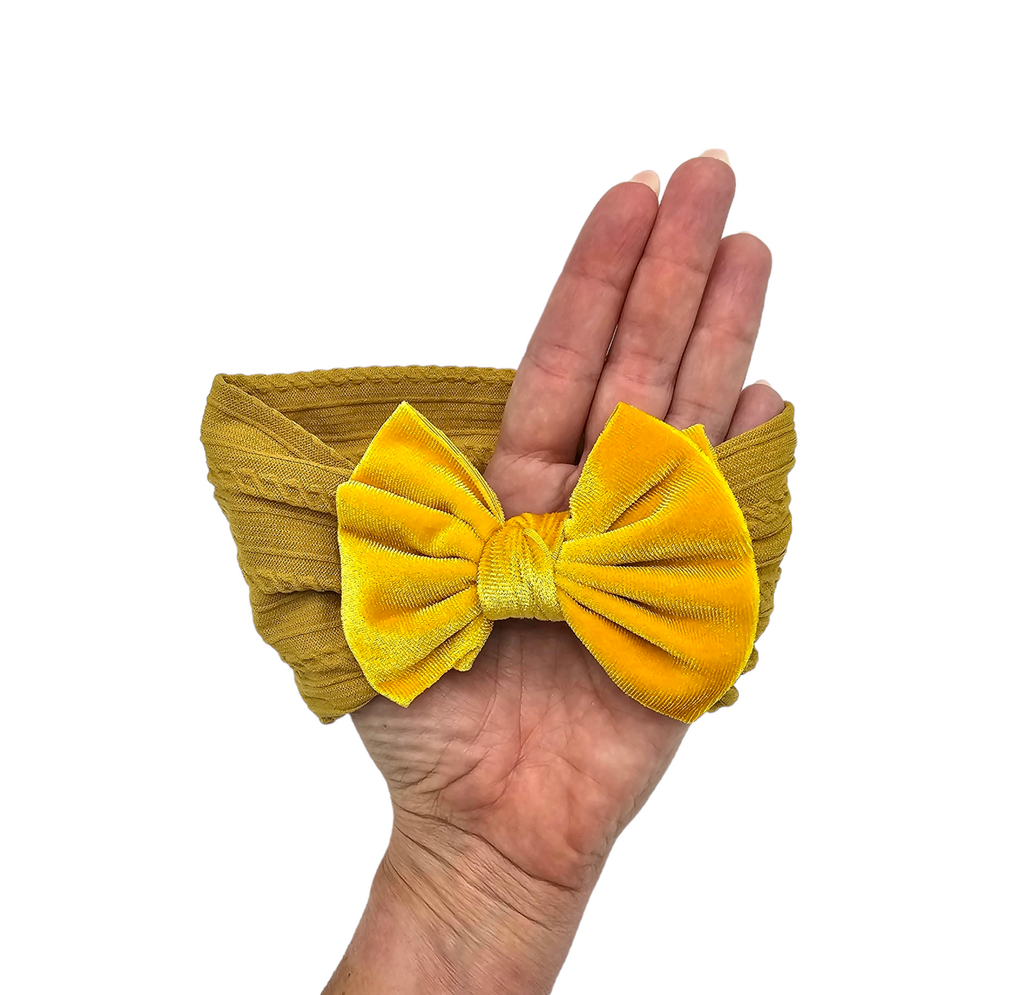 Mustard Yellow Velvet Smaller Bow Cable Knit Headwrap - Betty Brown Boutique Ltd
