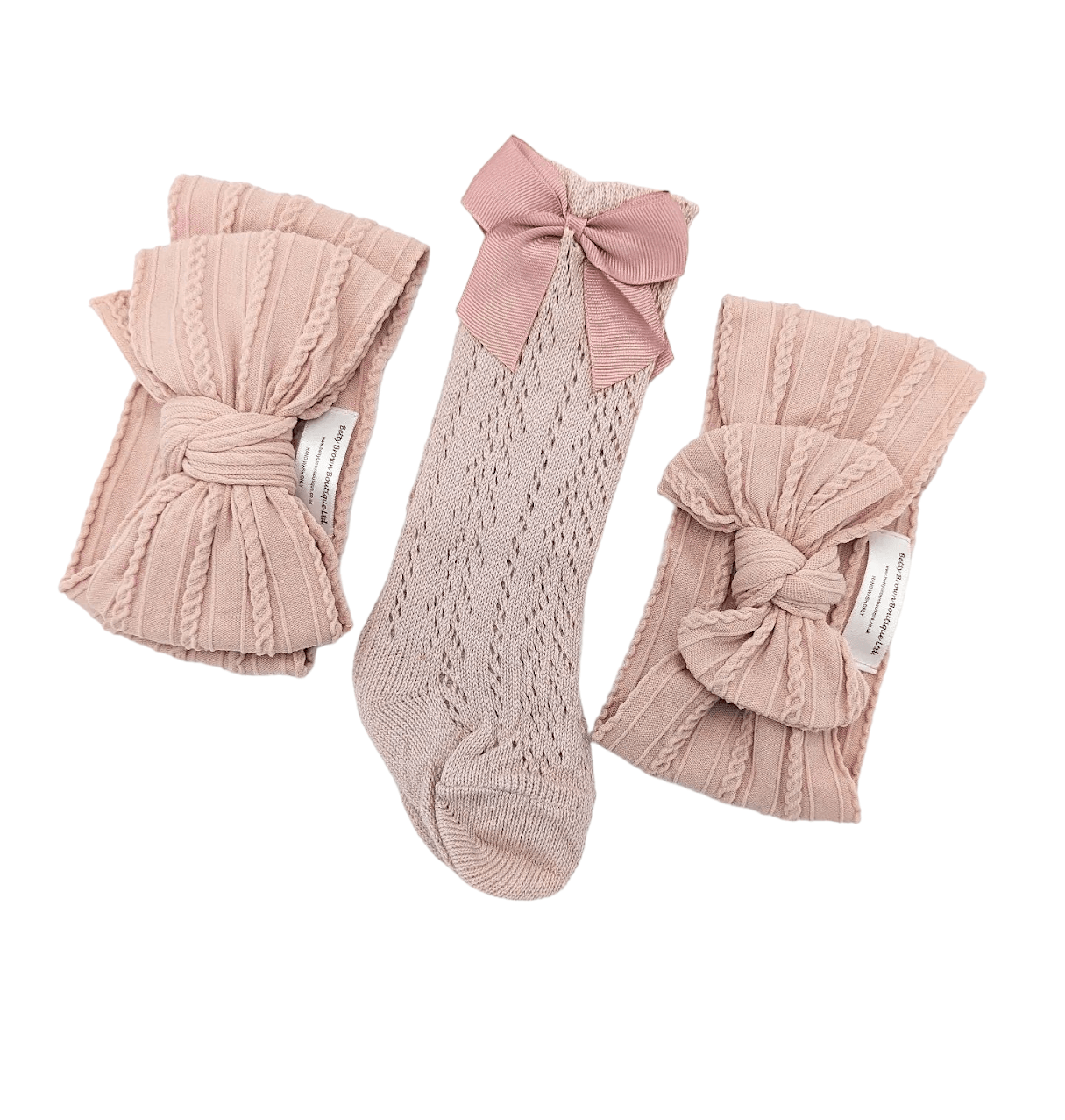 Our Primrose Pink Larger, Smaller Headwrap & Open Patterned Knee High Socks Set - Betty Brown Boutique Ltd