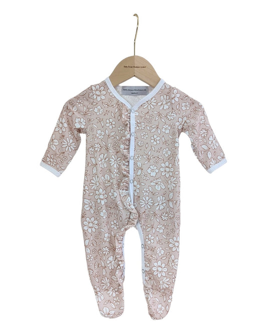 Beige Floral Frill Detail Sleepsuit - Betty Brown Boutique Ltd