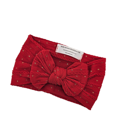 Red Cable Knit Gold Spots Smaller Bow Headwrap - Christmas Collection - Betty Brown Boutique Ltd