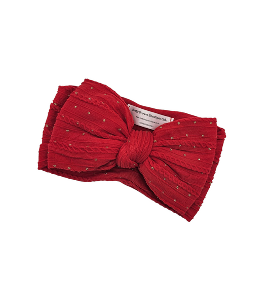 Red Gold Spot Larger Bow Cable Knit Headwrap - Christmas Collection - Betty Brown Boutique Ltd