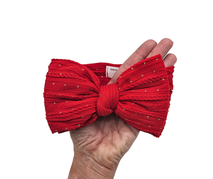 Red Gold Spot Larger Bow Cable Knit Headwrap - Christmas Collection - Betty Brown Boutique Ltd