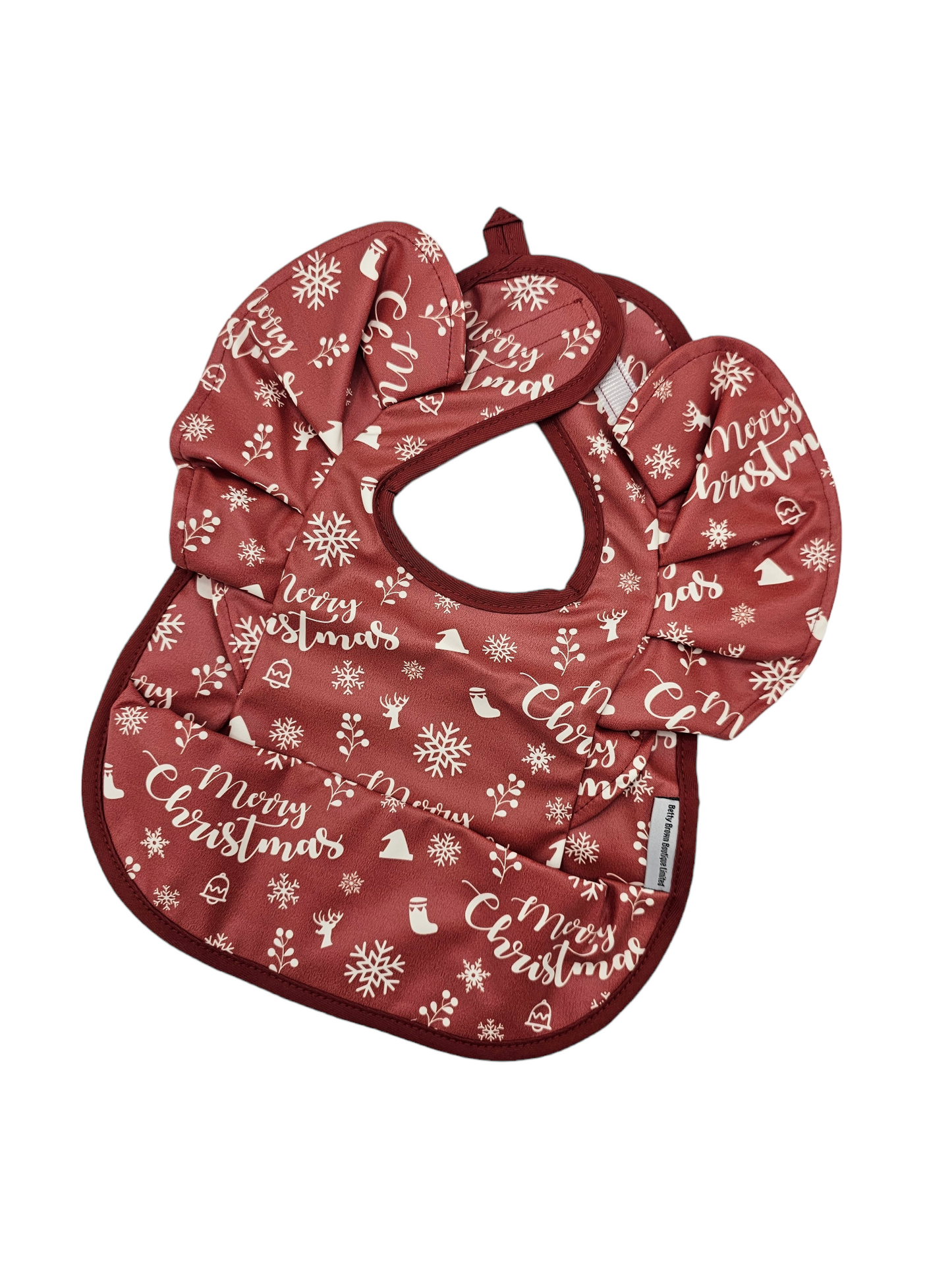 Red Merry Christmas Frill Detail Waterproof Bib without Sleeves - Christmas Collection - Betty Brown Boutique Ltd