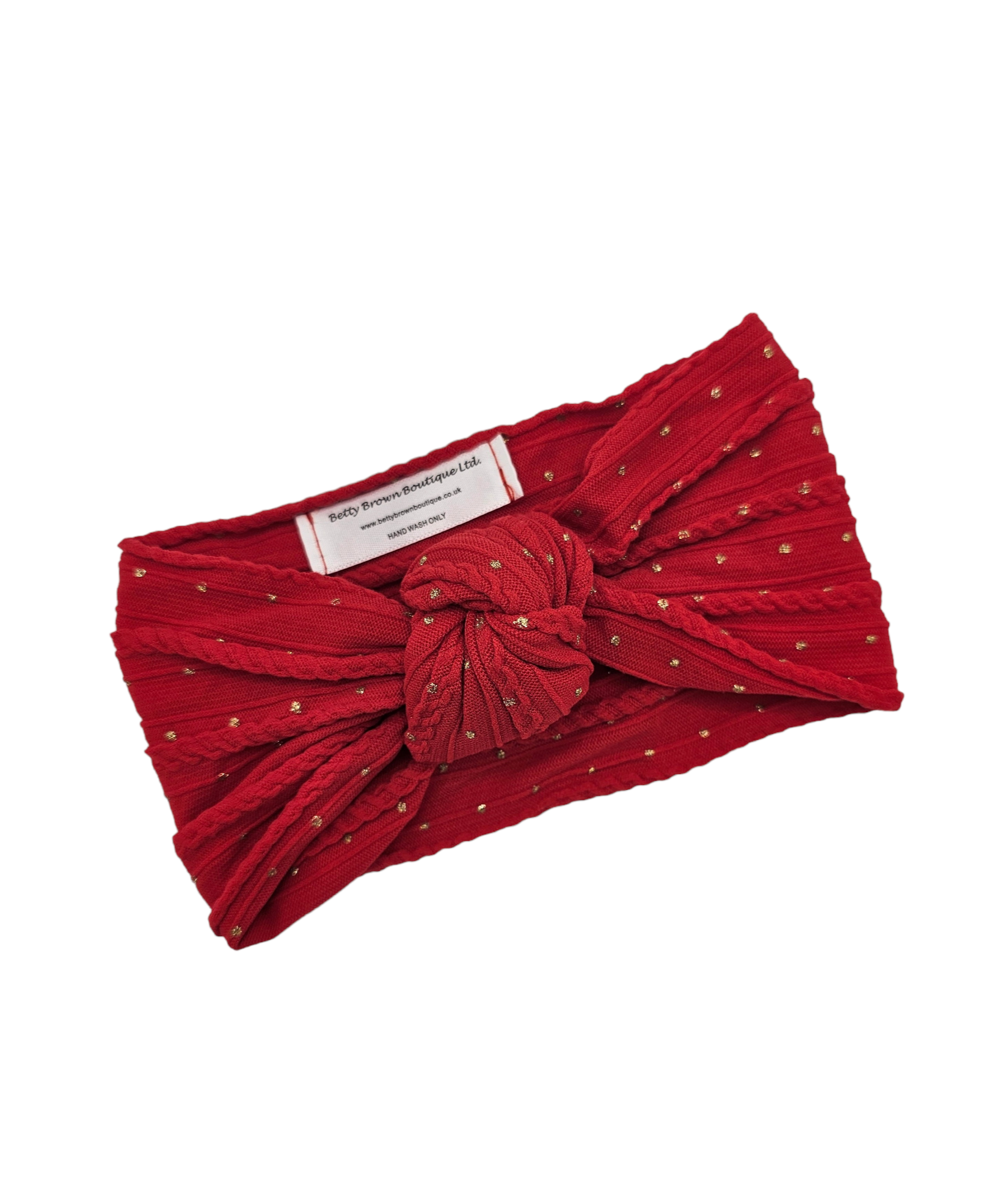 Red Gold Spot Knot Style Cable Knit Headwrap - Christmas Collection 2023 - Betty Brown Boutique Ltd