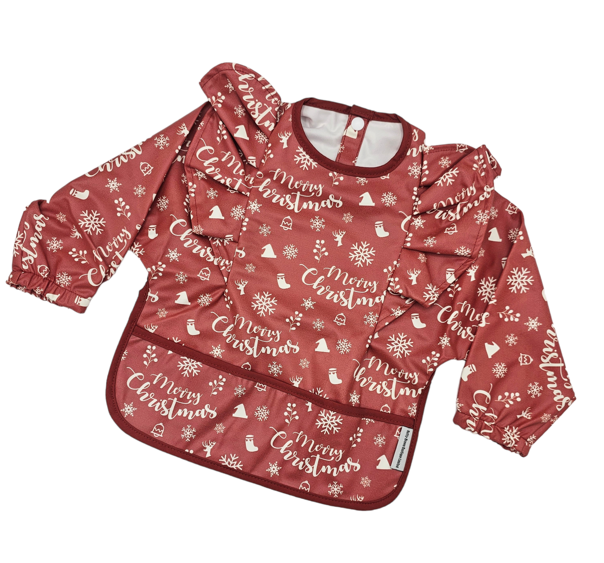 Red Merry Christmas Waterproof Bib with Sleeves - Christmas Collection - Betty Brown Boutique Ltd
