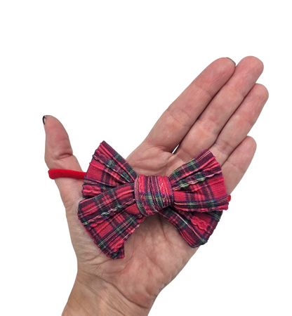 Red Tartan 3.5 Inch Cable Knit Dainty Bow Headband - Christmas Collection 2023 - Betty Brown Boutique Ltd