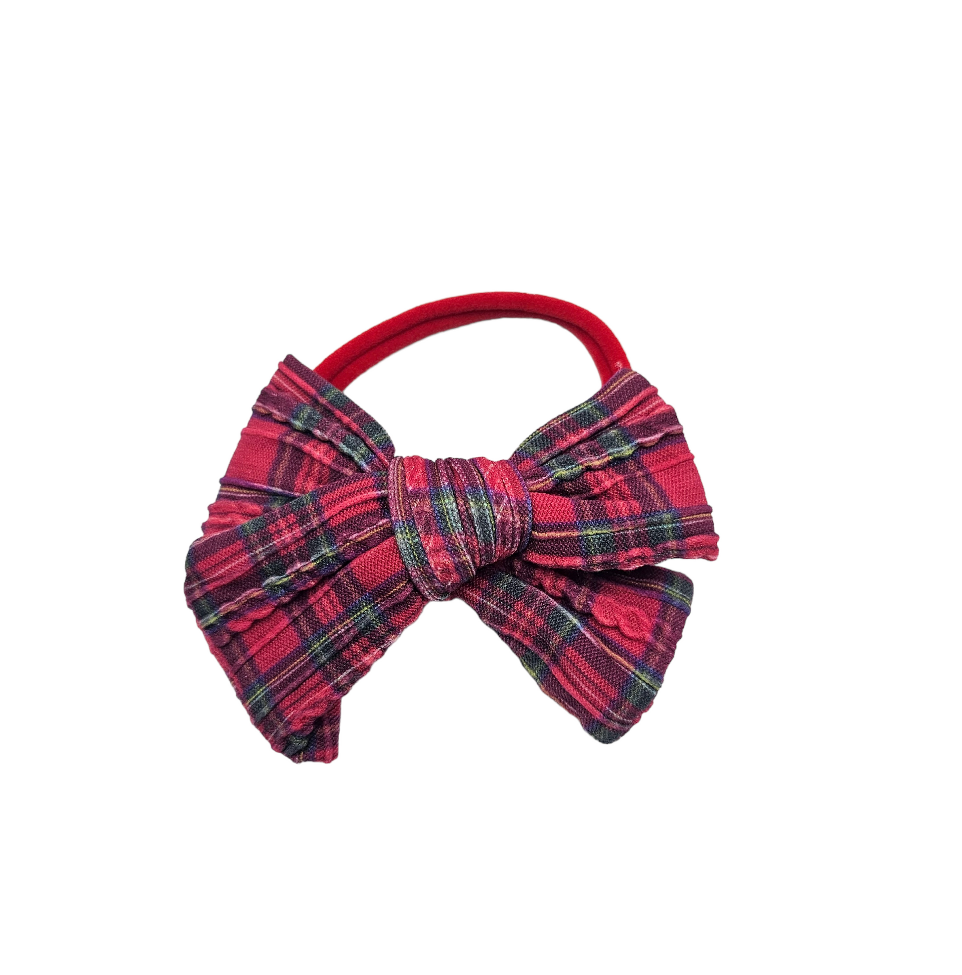 Red Tartan 3.5 Inch Cable Knit Dainty Bow Headband - Christmas Collection 2023 - Betty Brown Boutique Ltd
