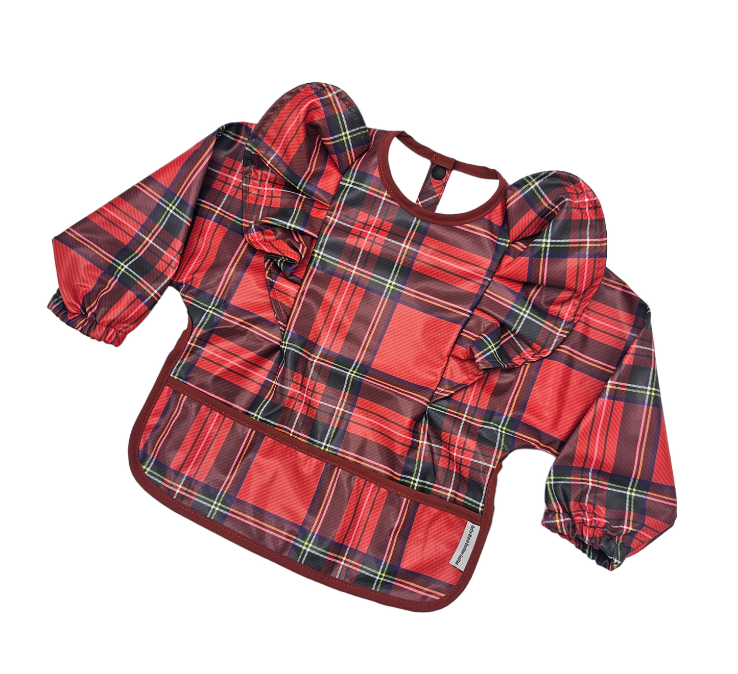 Bright Red Tartan Frill Detail Waterproof Bib with Sleeves - Christmas Collection - Betty Brown Boutique Ltd