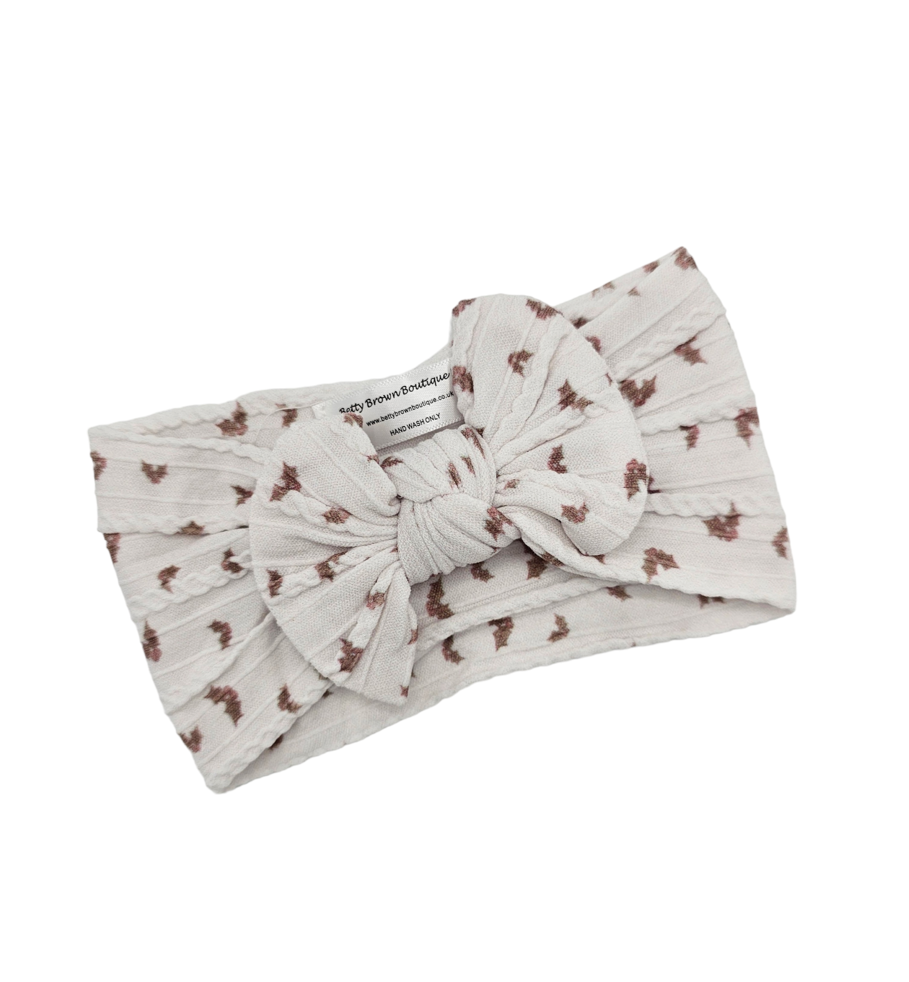 Neutral Holly Print Smaller Bow Cable Knit Headwrap - Christmas Collection - Betty Brown Boutique Ltd