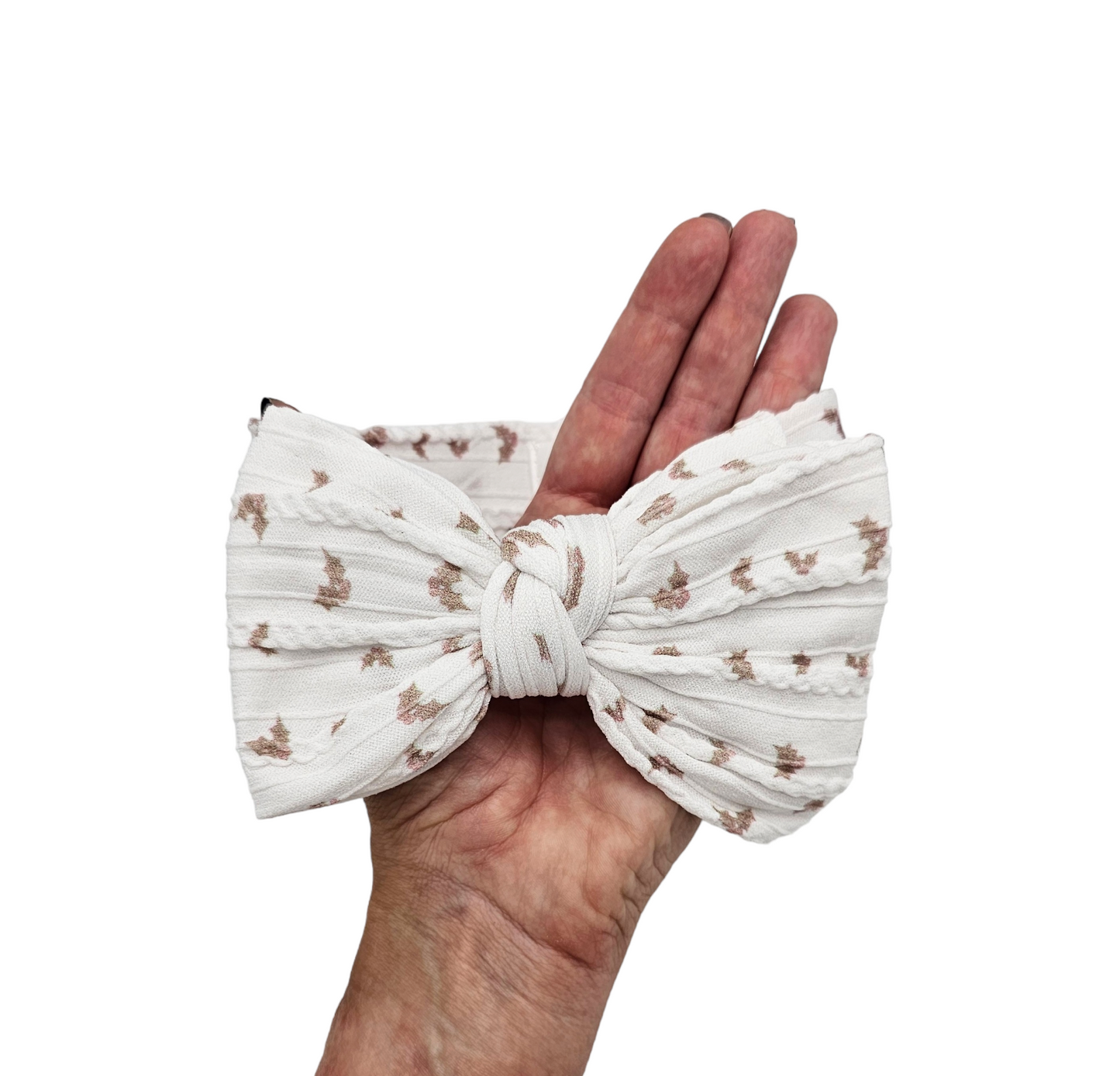 Neutral Holly Print Larger Bow Cable Knit Headwrap - Christmas Collection - Betty Brown Boutique Ltd