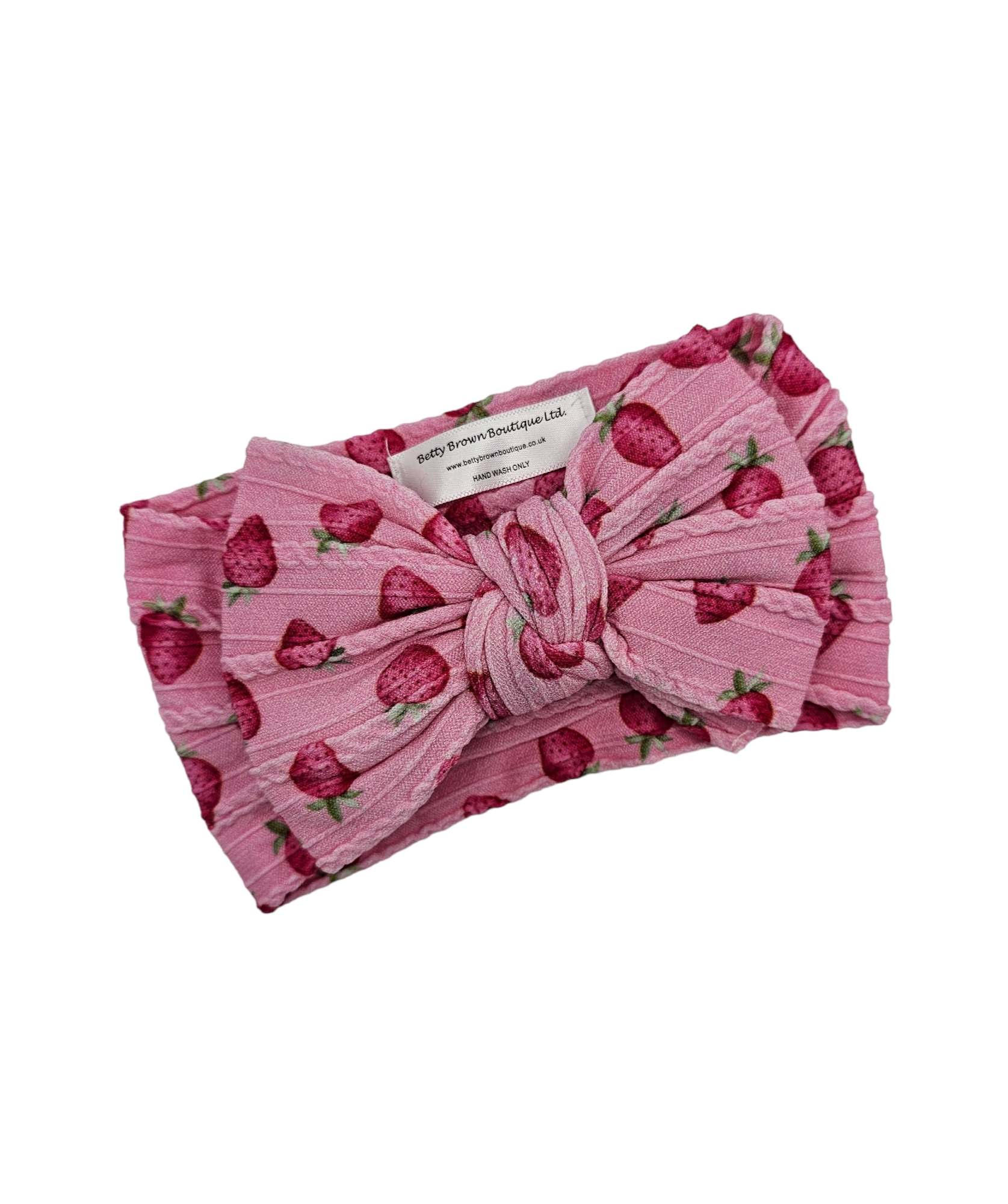 Pink Strawberry Print Larger Bow Cable Knit Headwrap - Betty Brown Boutique Ltd
