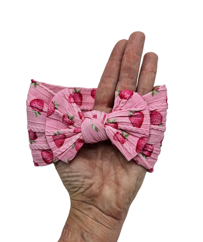 Pink Strawberry Print Smaller Bow Cable Knit Headwrap - Betty Brown Boutique Ltd
