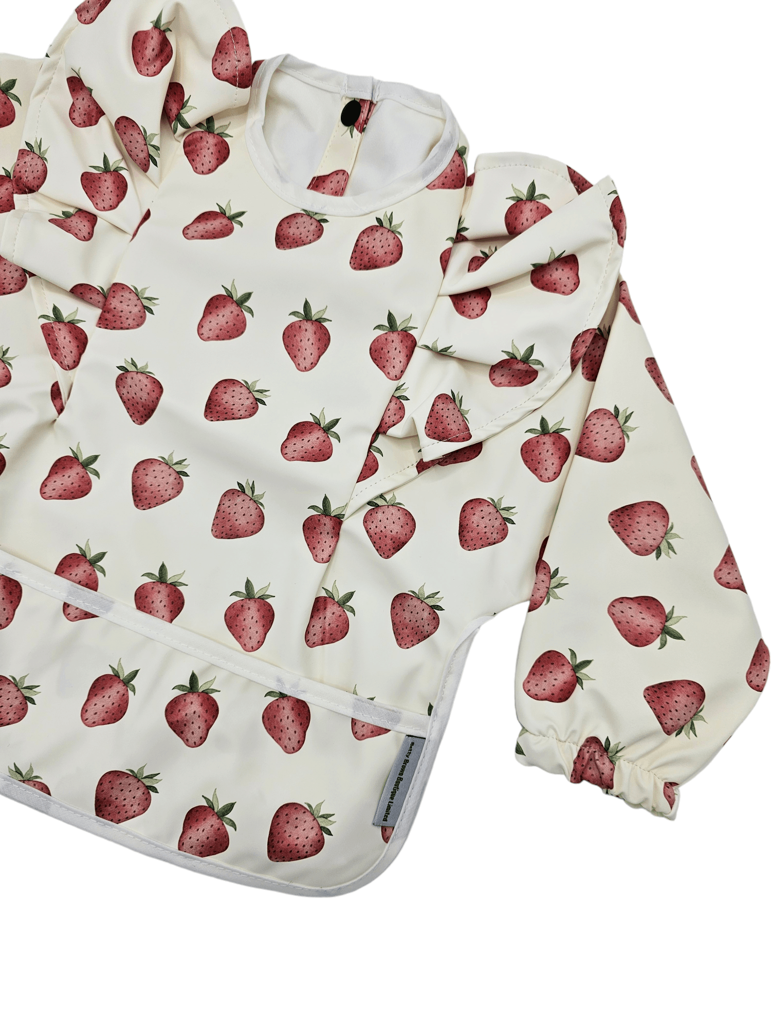 Cream Strawberry Print Frill Detail Waterproof Bib with Sleeves - Betty Brown Boutique Ltd