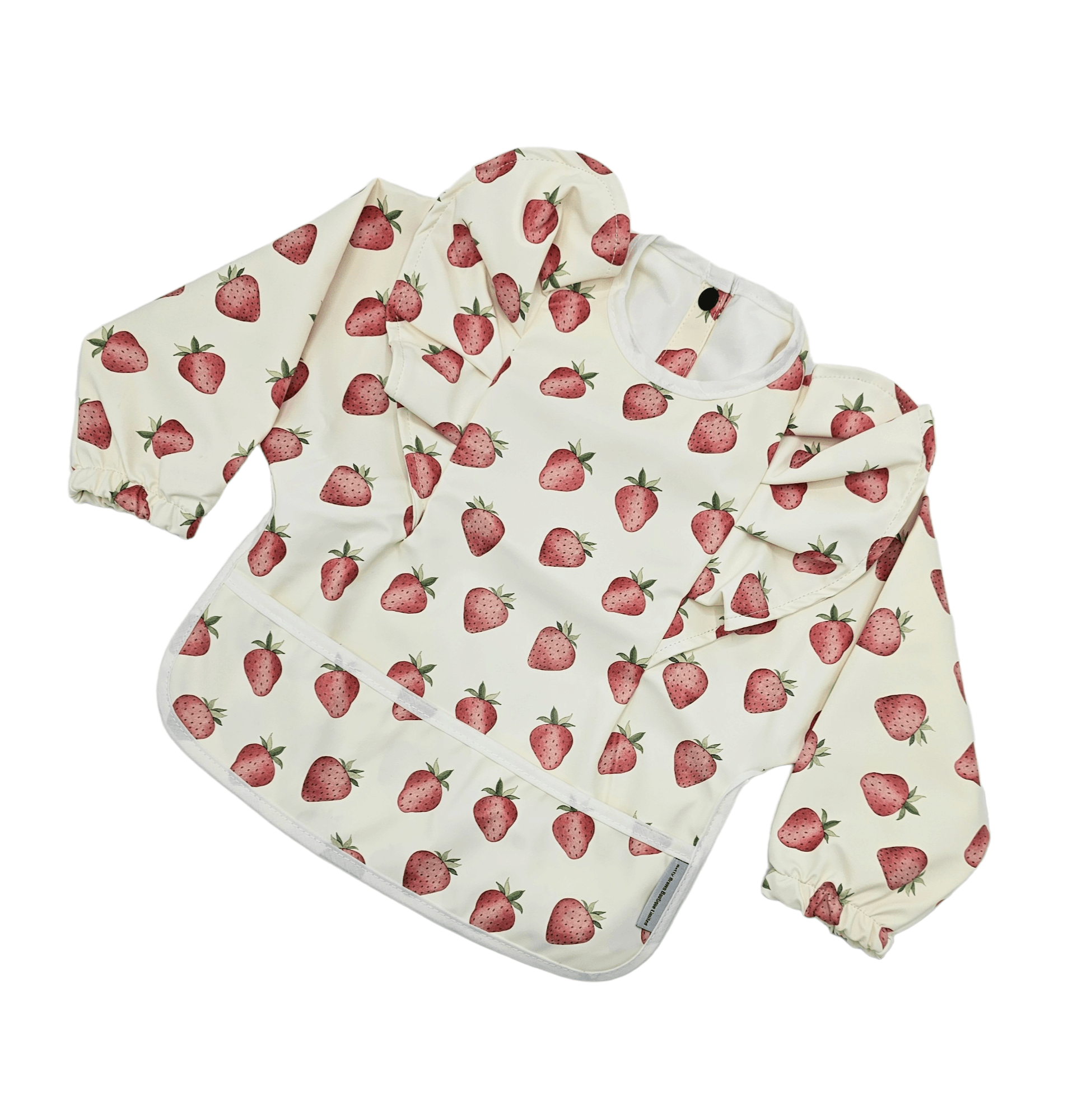 Cream Strawberry Print Frill Detail Waterproof Bib with Sleeves - Betty Brown Boutique Ltd