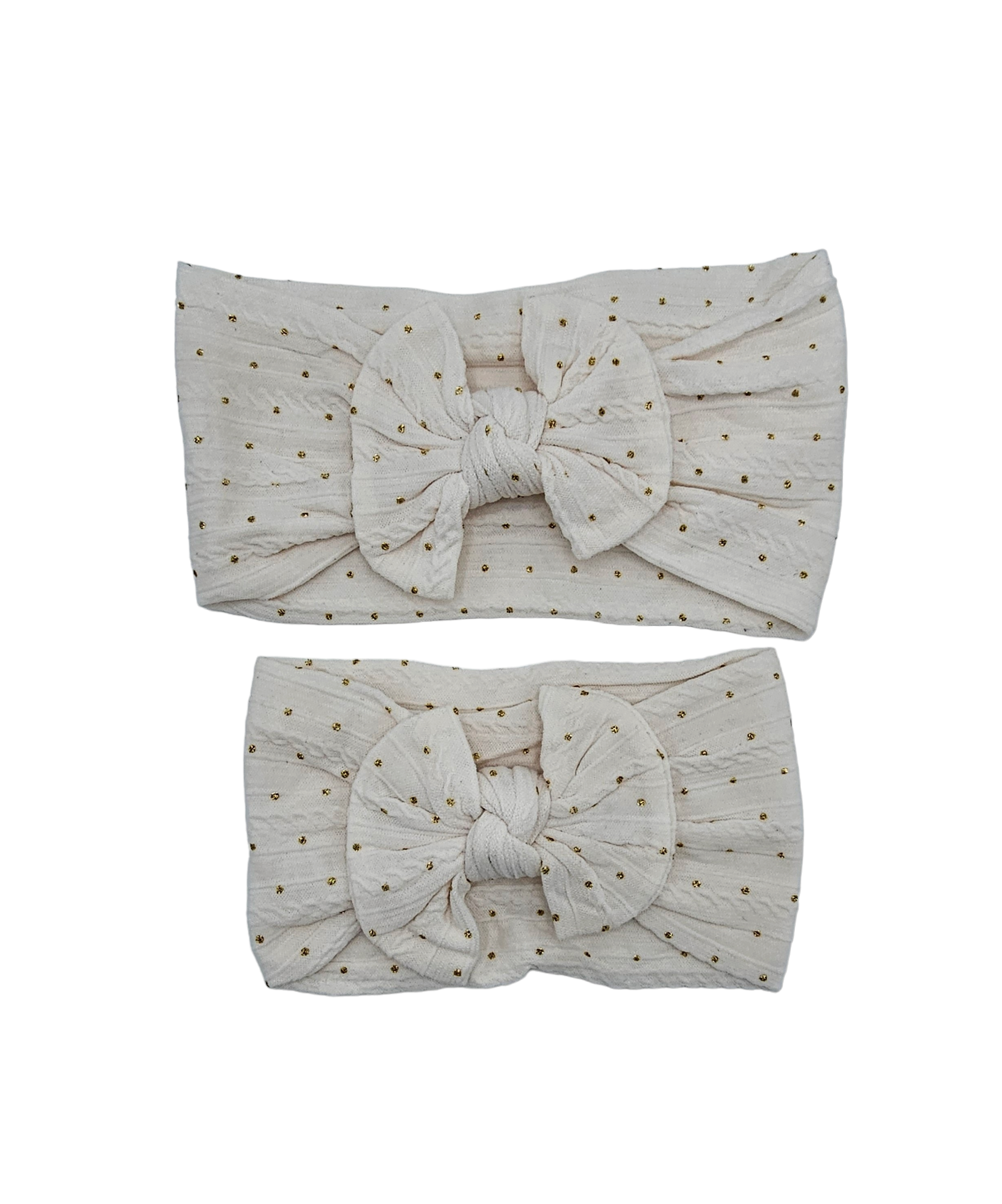 Egg Shell Gold Spots Smaller Bow Cable Knit Mummy and Me Matching Headwraps - Betty Brown Boutique Ltd