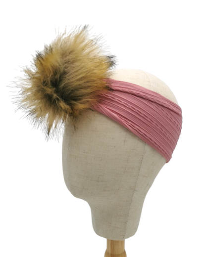 Darker Dusty Pink Faux Fur Pom Cable Knit Headwrap - Betty Brown Boutique Ltd