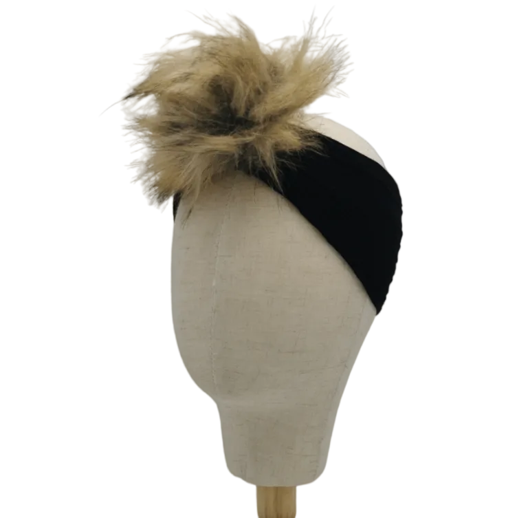 Black Faux Fur Pom Cable Knit Headband