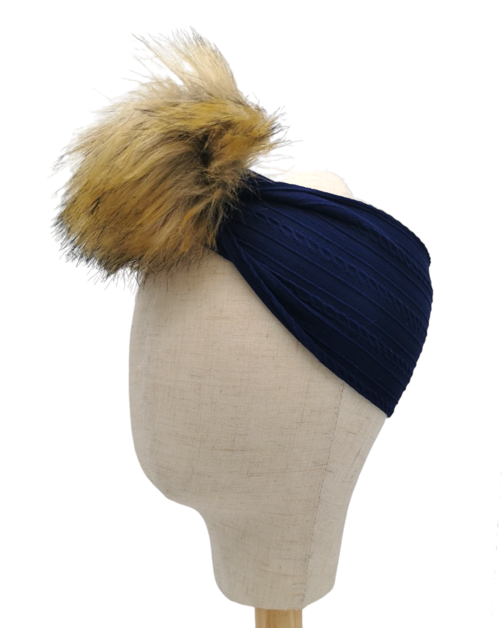 Navy Blue Faux Fur Pom Cable Knit Headwrap - Betty Brown Boutique Ltd