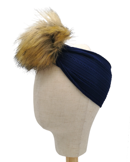 Navy Blue Faux Fur Pom Cable Knit Headwrap - Betty Brown Boutique Ltd