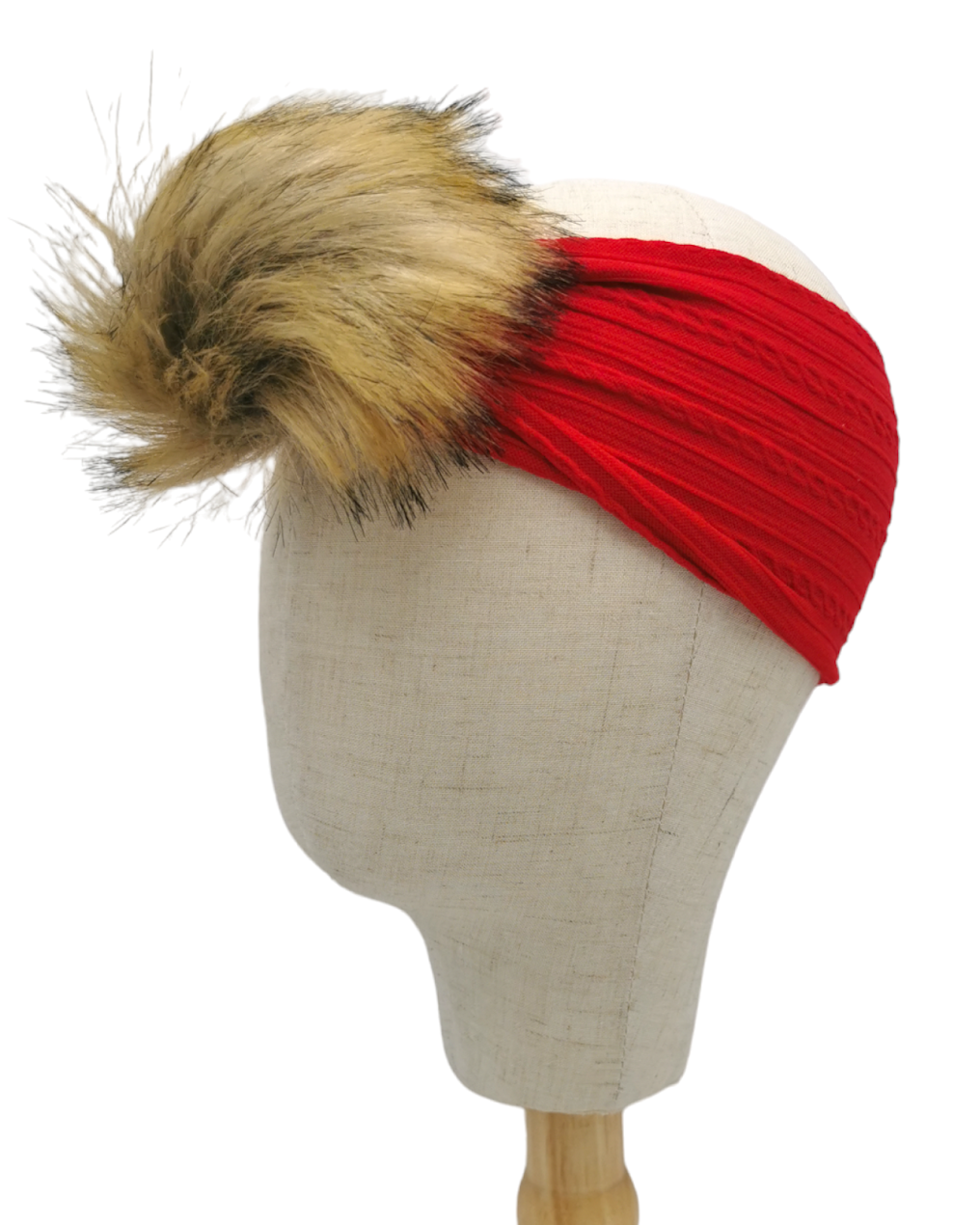 Red Faux Fur Pom Cable Knit Headwrap - Betty Brown Boutique Ltd