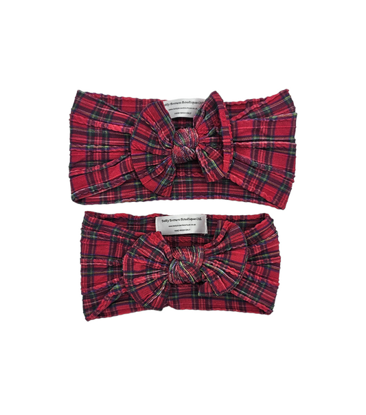 Red Tartan Mummy and Me Matching Cable Knit Headwraps - Christmas Collection - Betty Brown Boutique Ltd
