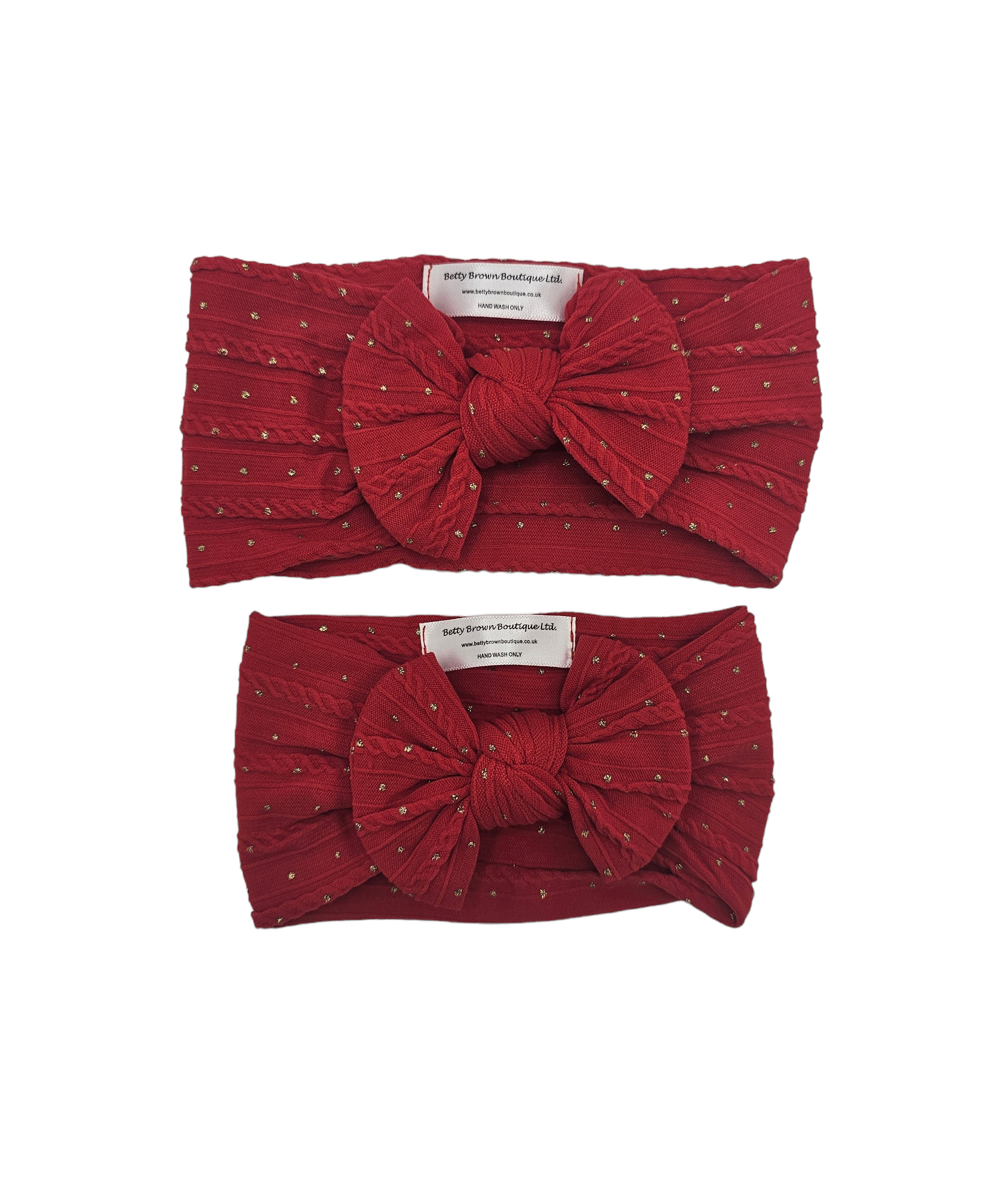 Red Cable Knit with Gold Spots Mummy and Me Matching Headwraps - Christmas Collection - Betty Brown Boutique Ltd