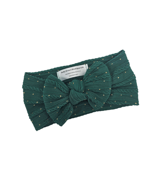 Bottle Green Gold Spot Smaller Bow Cable Knit Headwrap - Christmas Collection 2022 - Betty Brown Boutique Ltd