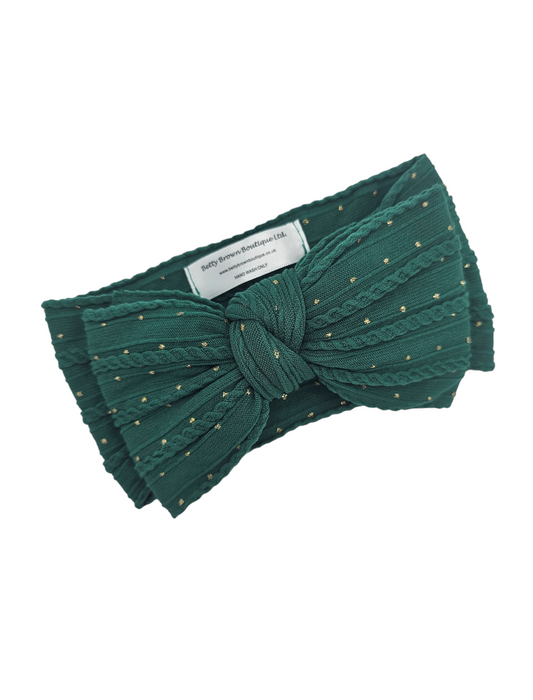 Forest Green Gold Spot Larger Bow Cable Knit Headwrap - Christmas Collection 2022 - Betty Brown Boutique Ltd