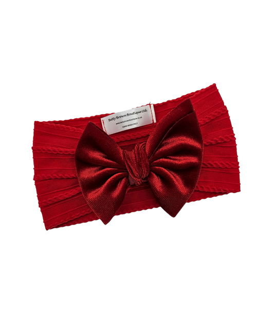 Red Velvet Smaller Bow Cable Knit Headwrap - Valentines - Betty Brown Boutique Ltd