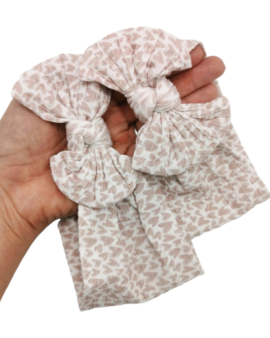 Beige Heart Mummy and Me Matching Smaller Bow Cable Knit Headwraps - Valentines collection - Betty Brown Boutique Ltd