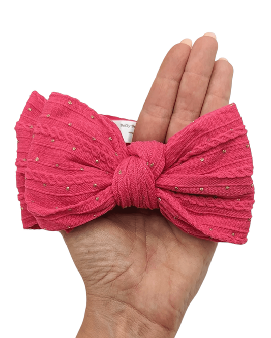 Hot Pink Gold Spot Larger bow Cable knit Headwrap - Betty Brown Boutique Ltd