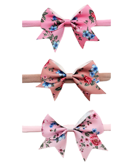 Pack of 3 - 2.5 Inch Pink Floral Kiss Dainty Bow on Headbands Bundle - Betty Brown Boutique Ltd