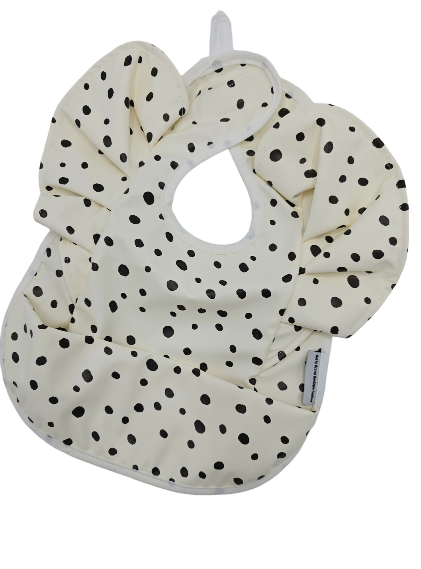Cream and Black Dalmatian Print Frill Detail Waterproof Bib - Betty Brown Boutique Ltd