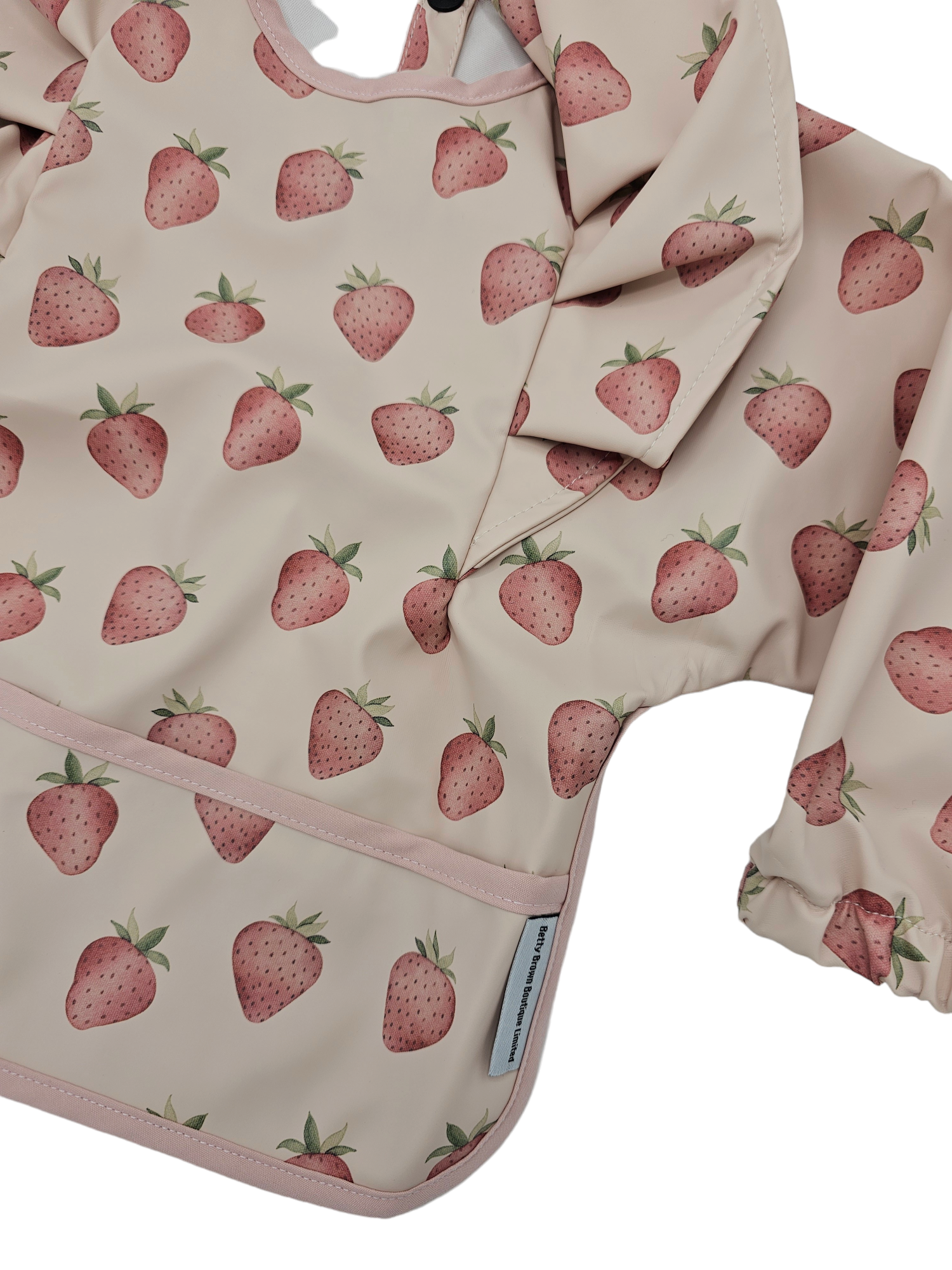 Dusty Pink Strawberry Frill Detail Waterproof Bib with Sleeves - Betty Brown Boutique Ltd