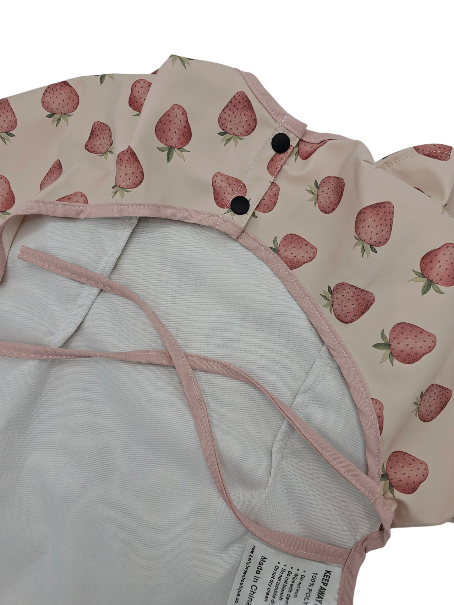 Dusty Pink Strawberry Frill Detail Waterproof Bib with Sleeves - Betty Brown Boutique Ltd