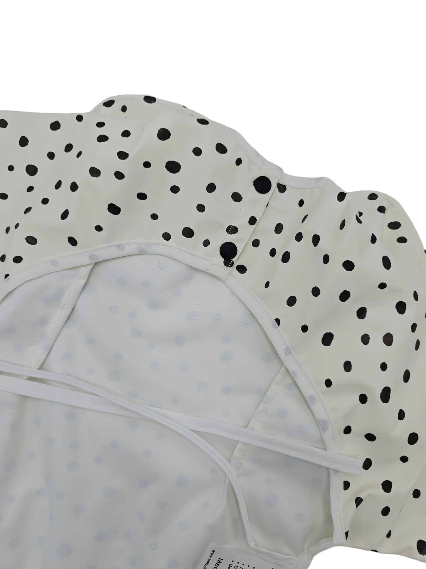 Cream and Black Dalmatian Print Frill Detail Waterproof Bib with Sleeves - Betty Brown Boutique Ltd