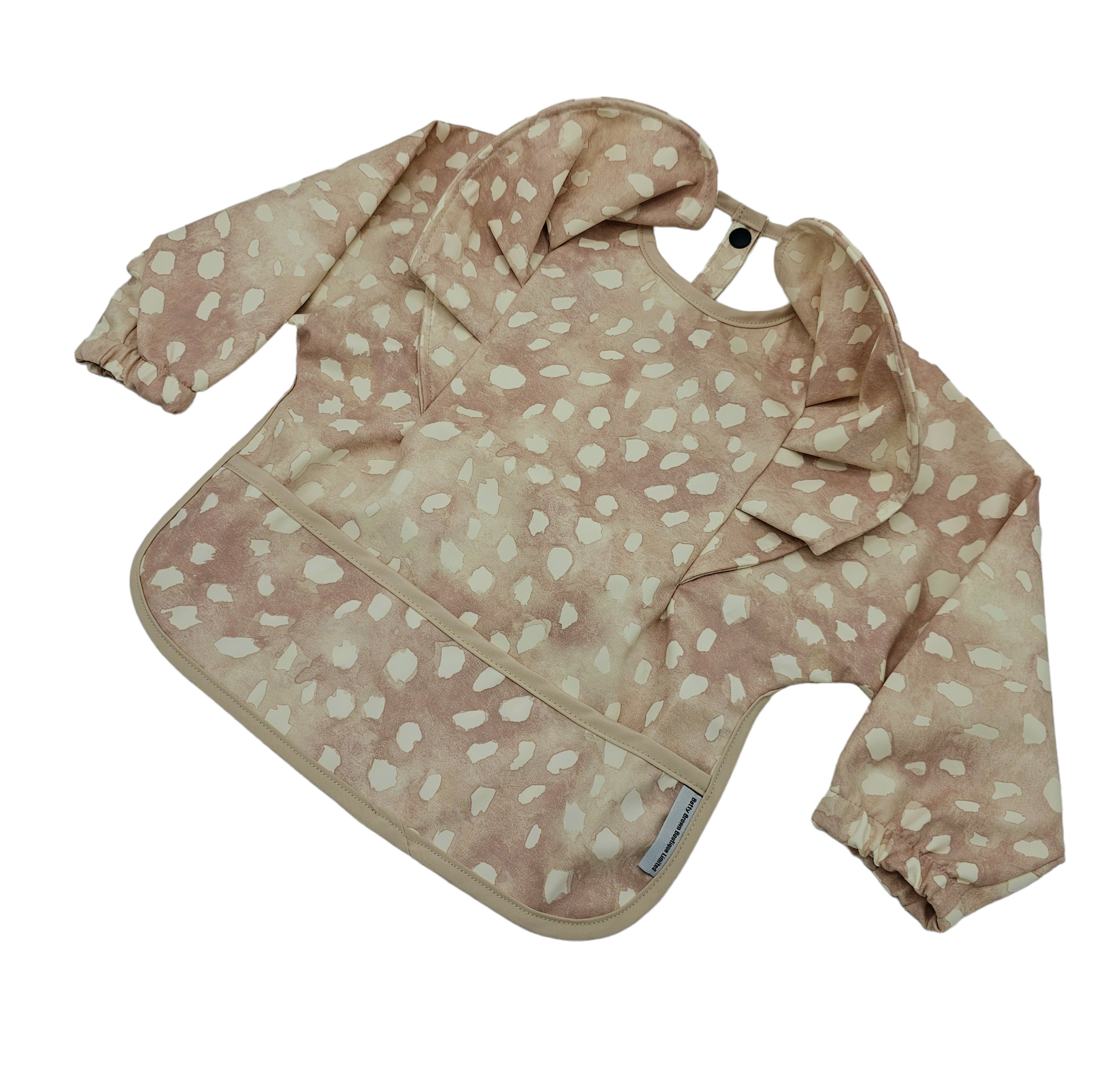 Chocolate Brown Dalmatian Print Frill Detail Waterproof Bib with Sleeves - Betty Brown Boutique Ltd