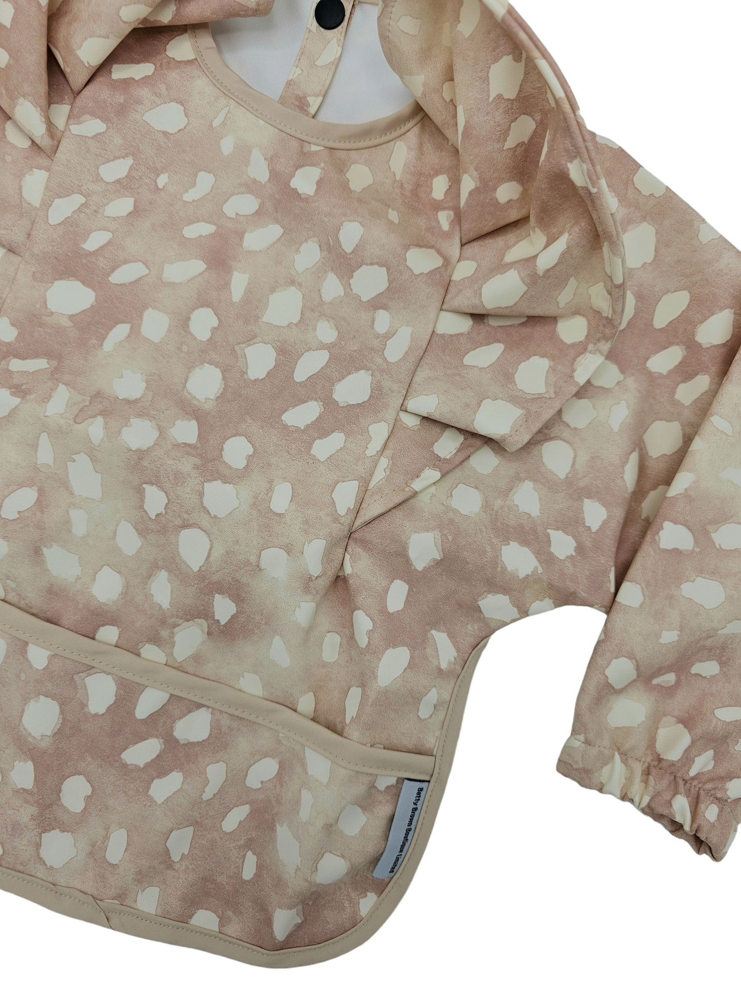 Chocolate Brown Dalmatian Print Frill Detail Waterproof Bib with Sleeves - Betty Brown Boutique Ltd