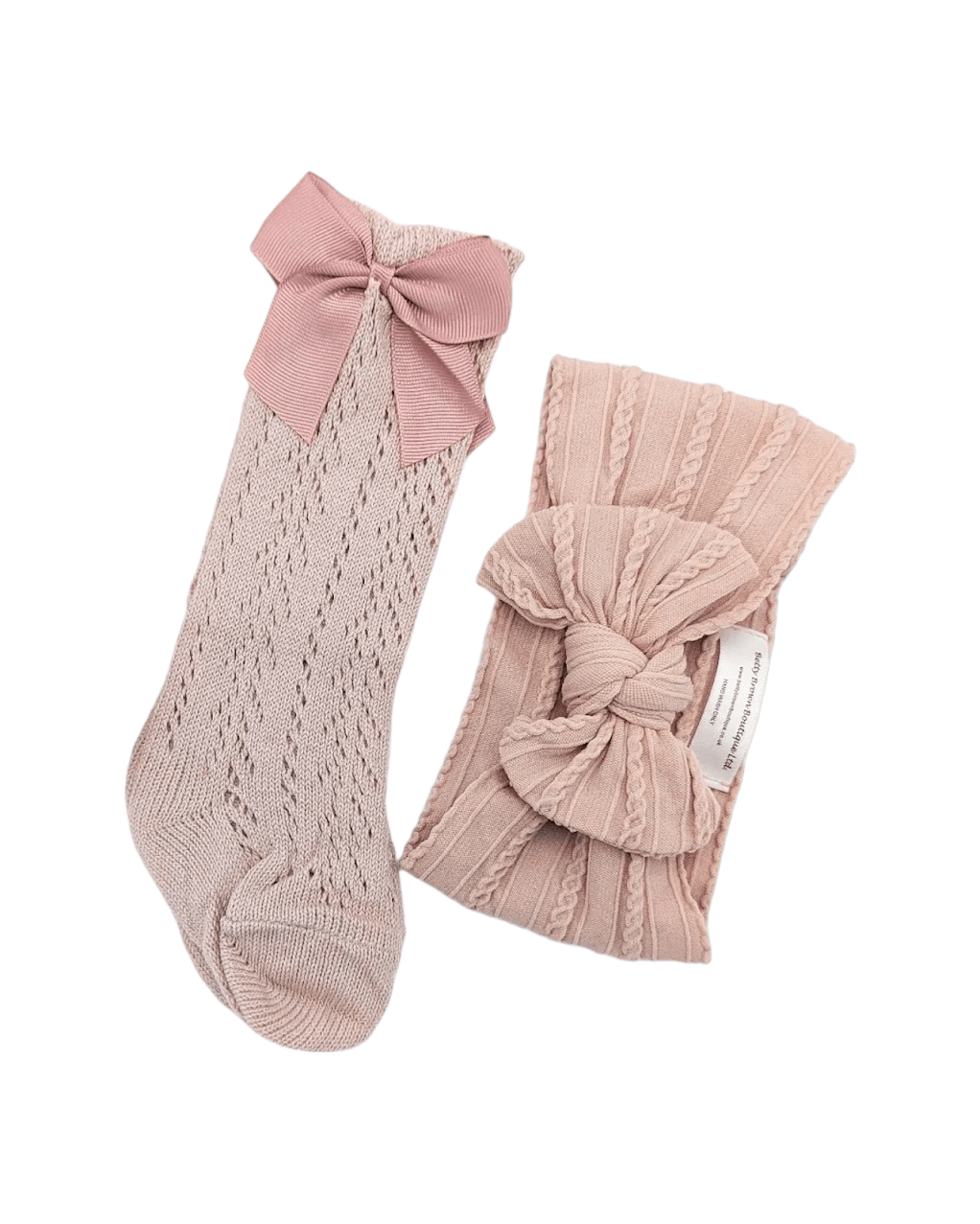 Our Primrose Pink Smaller Headwrap & Open Patterned Knee High Socks Set - Betty Brown Boutique Ltd