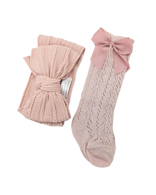 Our Primrose Pink Larger Headwrap & Open Patterned Knee High Socks Set - Betty Brown Boutique Ltd
