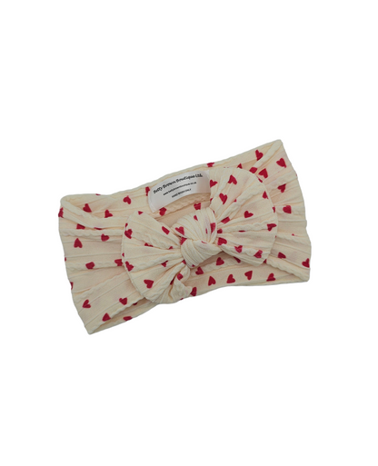 Cream and Red Heart Smaller Bow Cable Knit Headband  - Valentines Collection