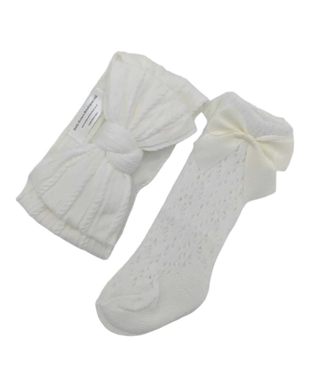 Our Pearl White Larger Headwrap & Ivory Open Patterned Knee High Socks Set - Betty Brown Boutique Ltd