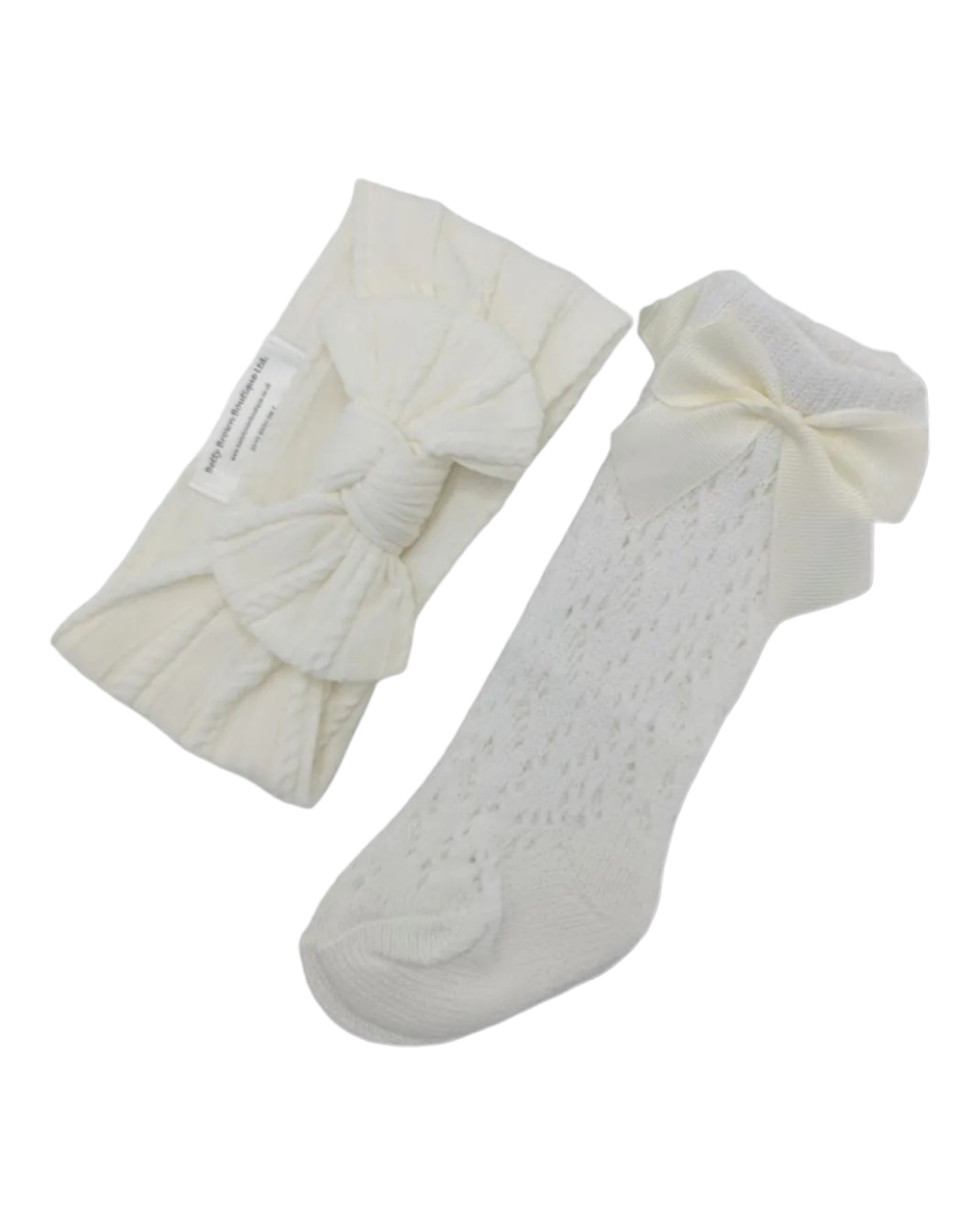 Our Pearl White Smaller Headwrap & Ivory Open Patterned Knee High Socks Set - Betty Brown Boutique Ltd