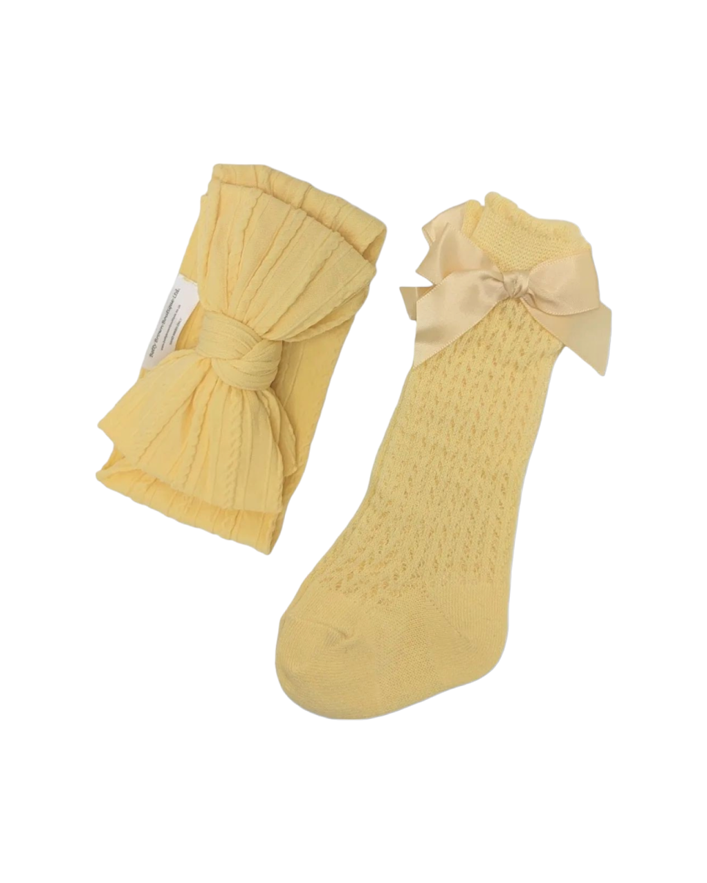 Our Daffodil Yellow Larger Headwrap & Open Patterned Knee High Socks Set - Betty Brown Boutique Ltd