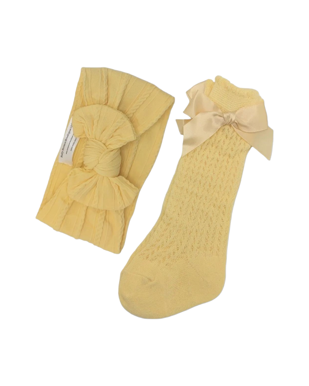 Our Daffodil Yellow Smaller Headwrap & Open Patterned Knee High Socks Set - Betty Brown Boutique Ltd