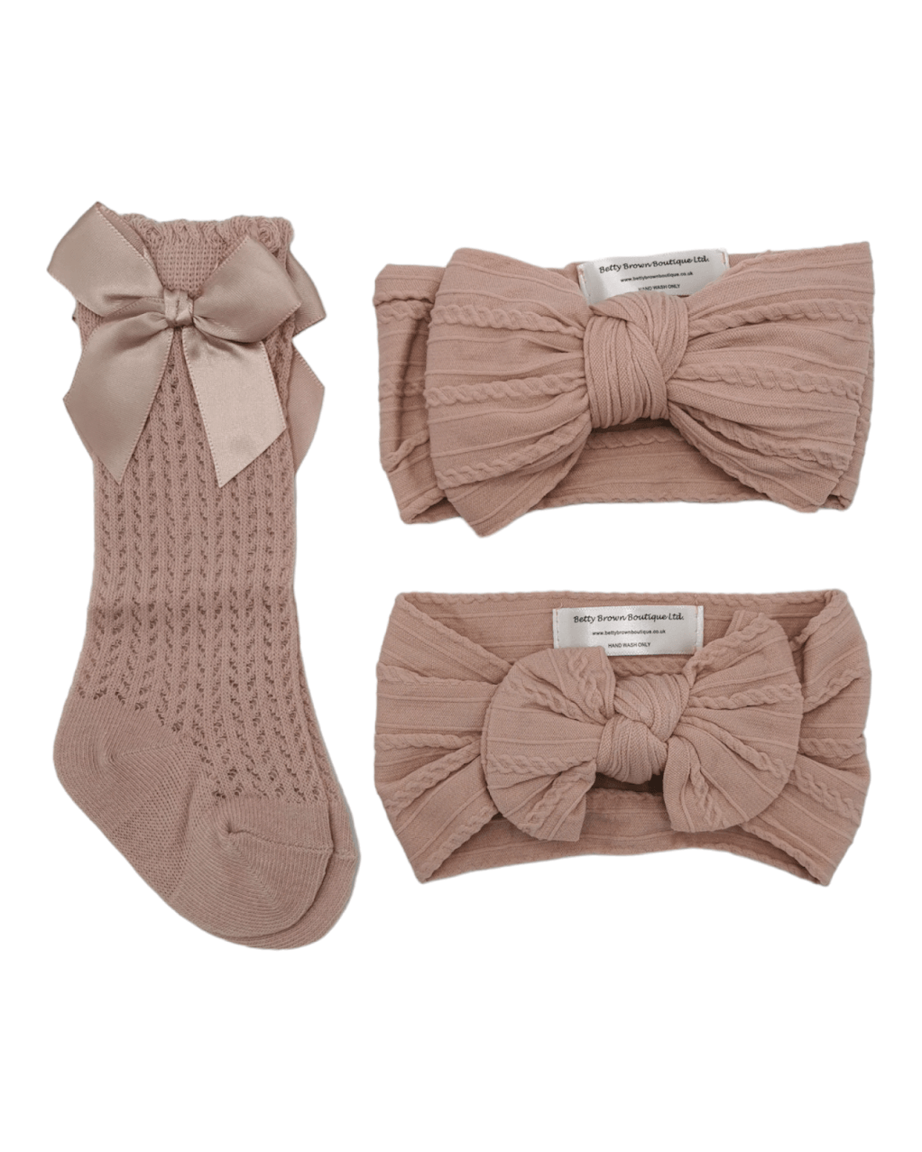 Our Primrose Pink Larger, Smaller Headwrap & Open Patterned Knee High Socks Set - Betty Brown Boutique Ltd