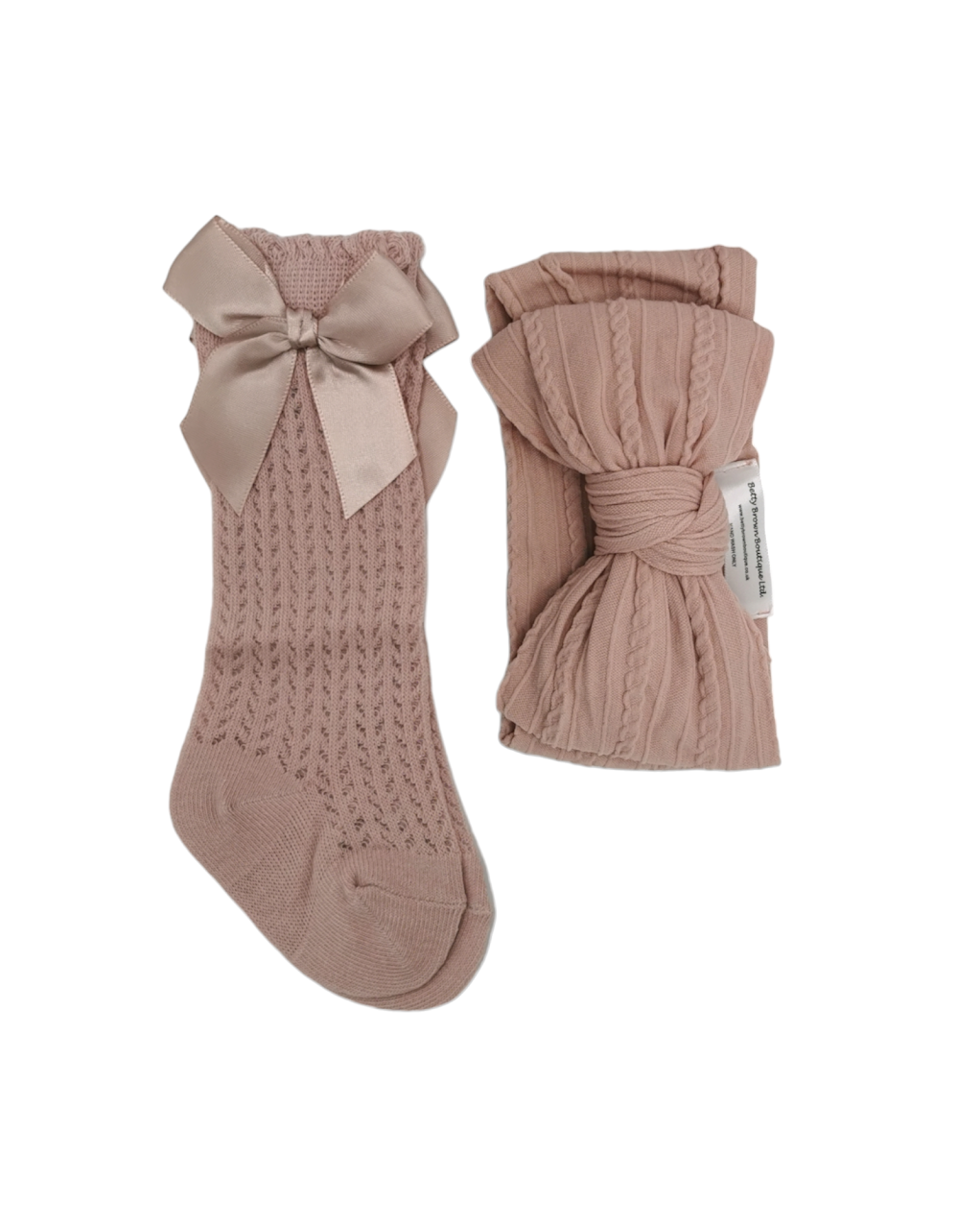 Our Primrose Pink Larger Headwrap & Open Patterned Knee High Socks Set - Betty Brown Boutique Ltd