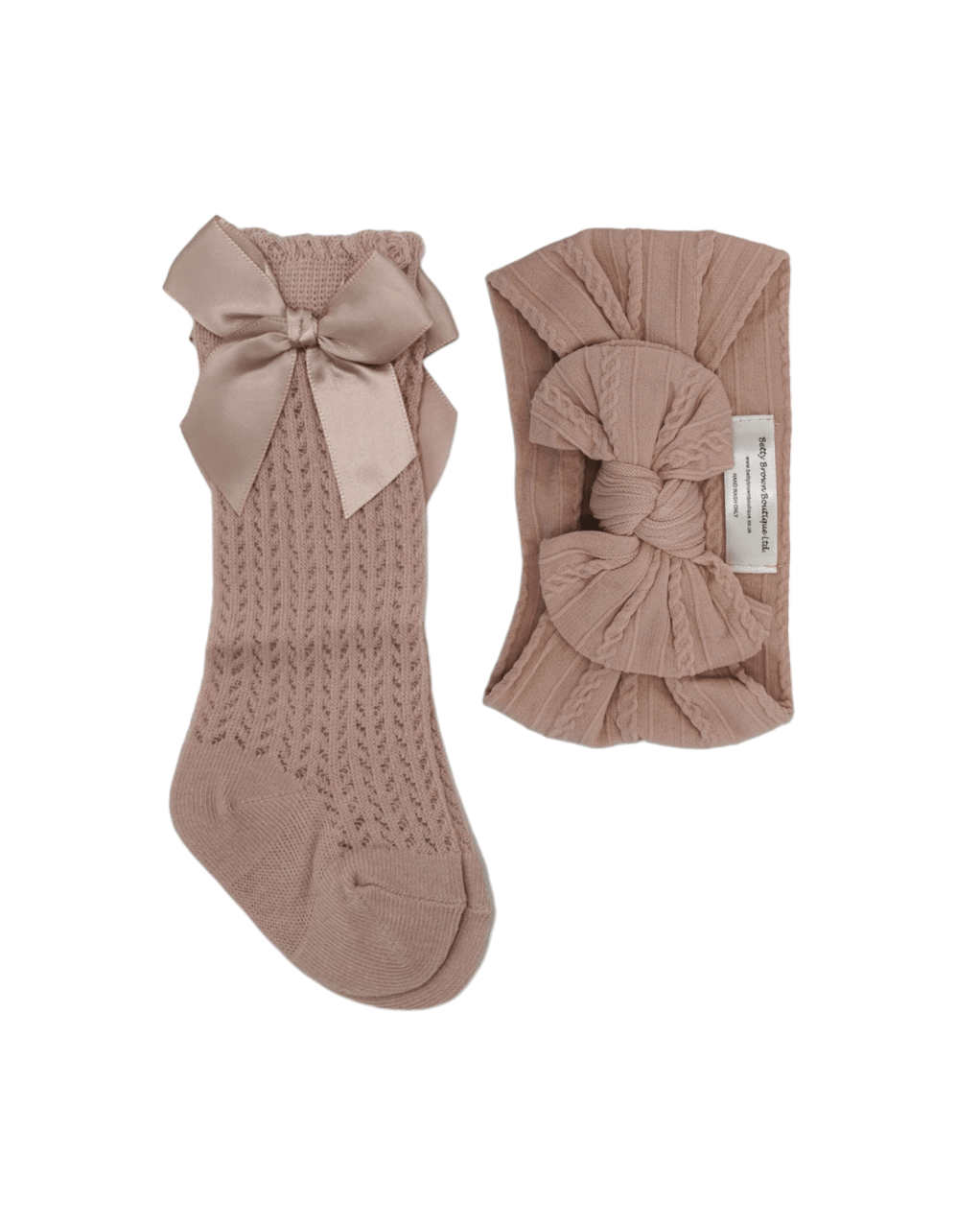 Our Primrose Pink Smaller Headwrap & Open Patterned Knee High Socks Set - Betty Brown Boutique Ltd